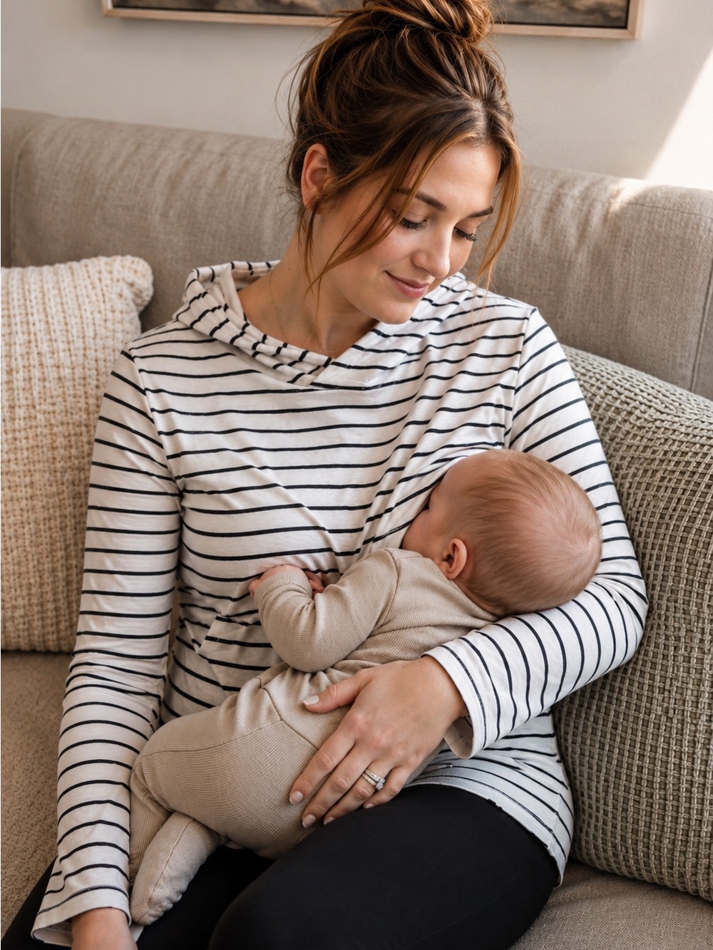 Striped Nursing Hoodie - White with Gray Stripes